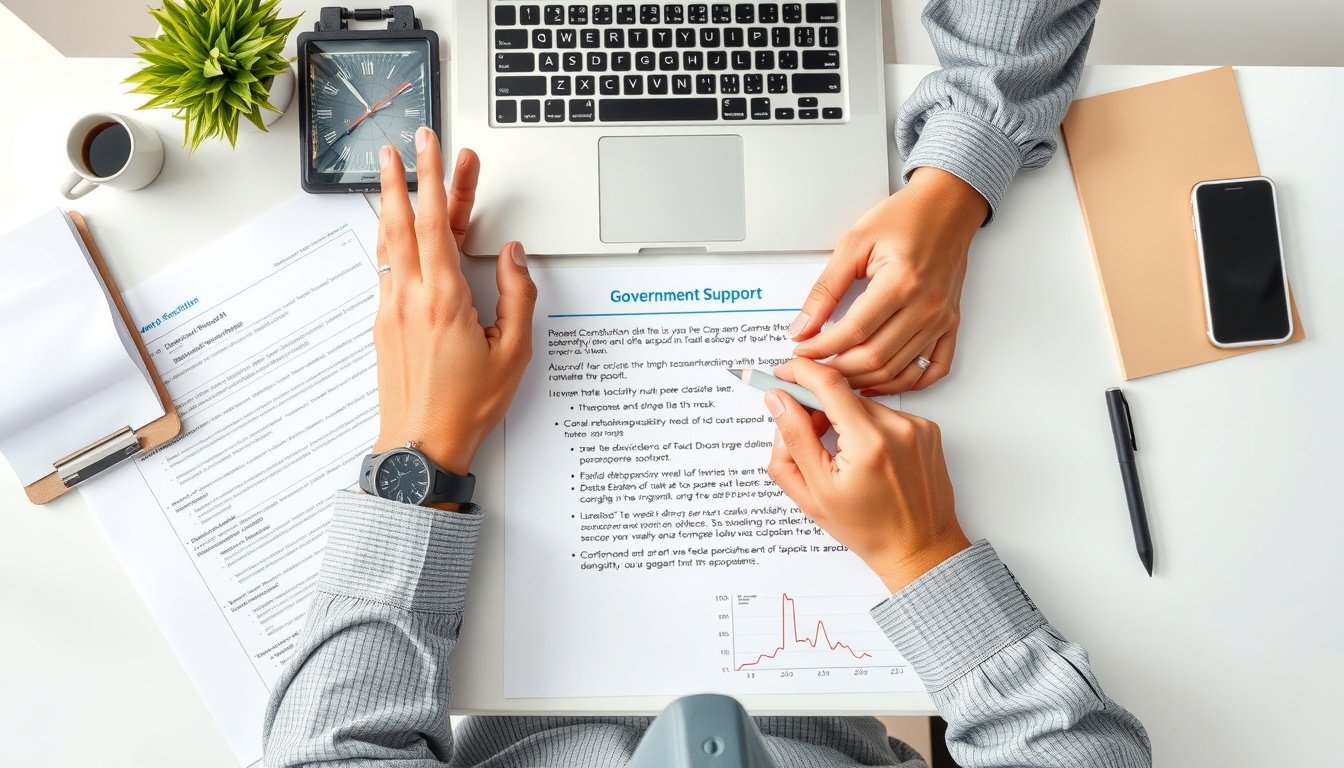 버츄얼리깅 - flat lay of government support application documents, laptop and digital stylus on clean white desk, virtual rigging support program concept