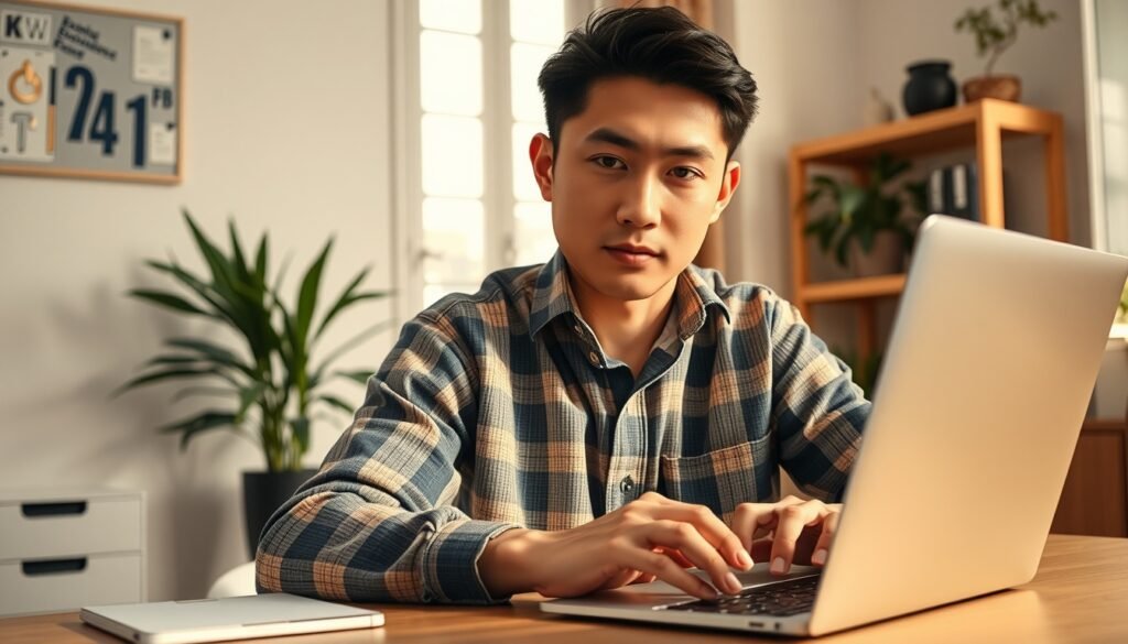 구글챗GPT 재택근무 생산성 높이는 팁 - Korean man upper body shot with face visible, working from home with laptop and AI assistant interface on screen, natural hands, modern home office setup