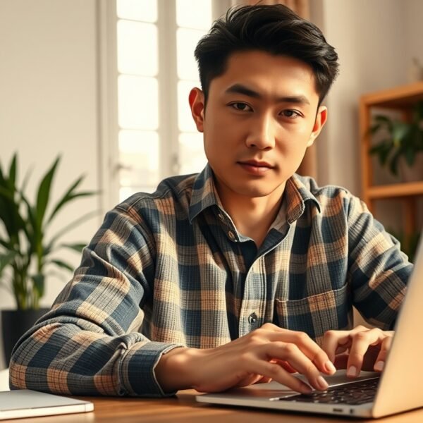 구글챗GPT 재택근무 생산성 높이는 팁 - Korean man upper body shot with face visible, working from home with laptop and AI assistant interface on screen, natural hands, modern home office setup