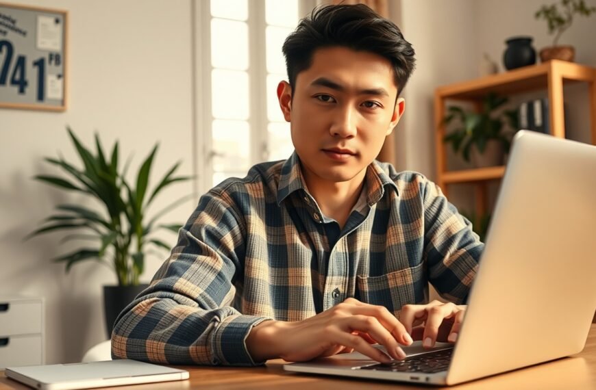 구글챗GPT 재택근무 생산성 높이는 팁 - Korean man upper body shot with face visible, working from home with laptop and AI assistant interface on screen, natural hands, modern home office setup