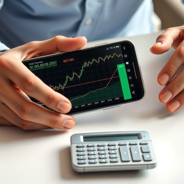 주식평단가계산기 - flat lay of smartphone showing stock trading app and calculator on white desk, stock average price calculator concept