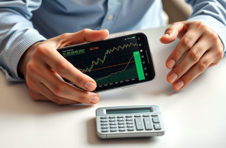 주식평단가계산기 - flat lay of smartphone showing stock trading app and calculator on white desk, stock average price calculator concept