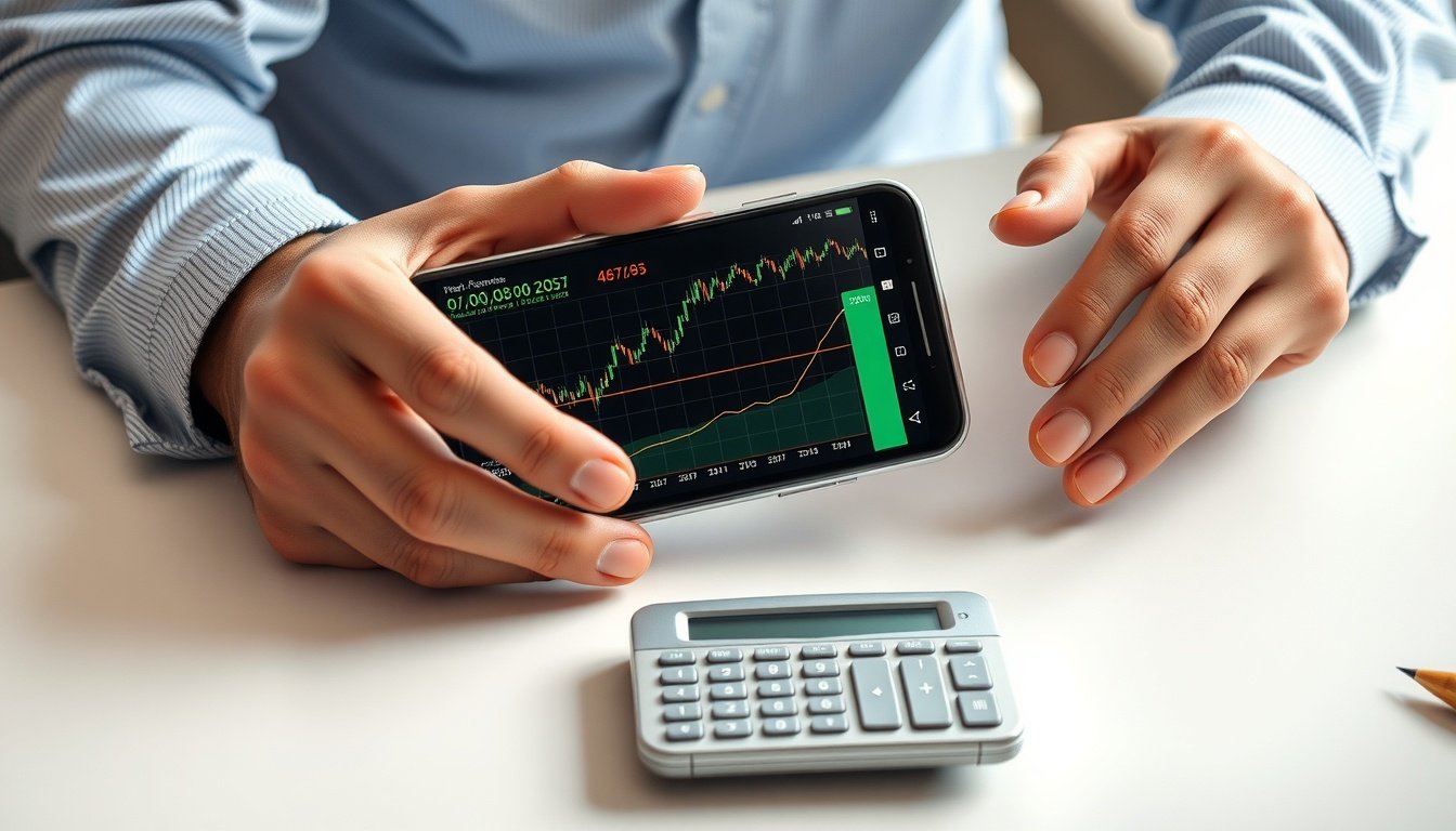 주식평단가계산기 - flat lay of smartphone showing stock trading app and calculator on white desk, stock average price calculator concept