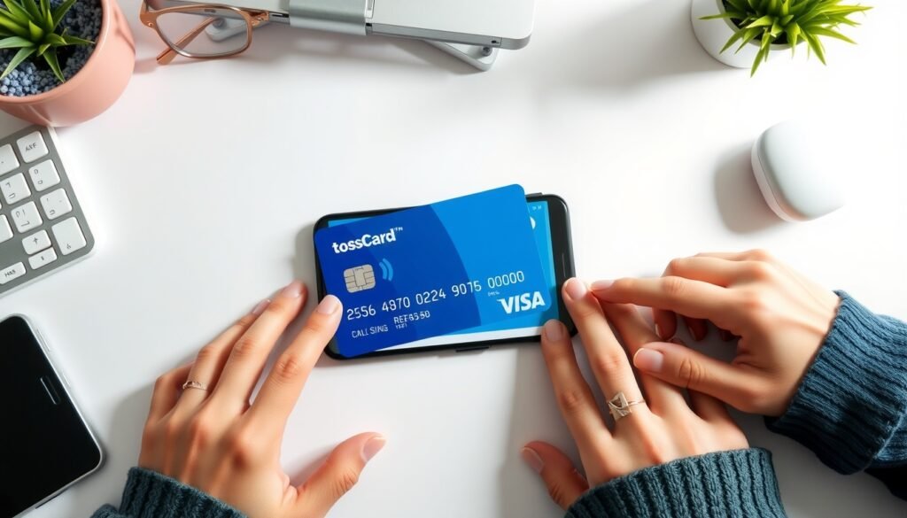 토스와이드카드 - flat lay of Toss Wide Card credit card and smartphone on white desk, cashback benefits concept
