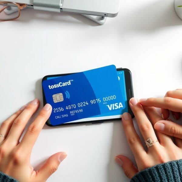 토스와이드카드 - flat lay of Toss Wide Card credit card and smartphone on white desk, cashback benefits concept