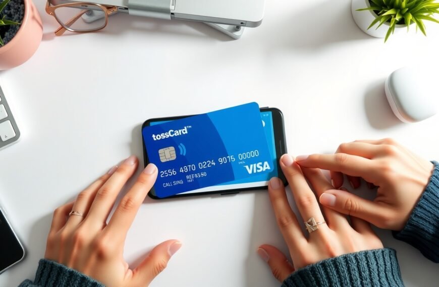 토스와이드카드 - flat lay of Toss Wide Card credit card and smartphone on white desk, cashback benefits concept