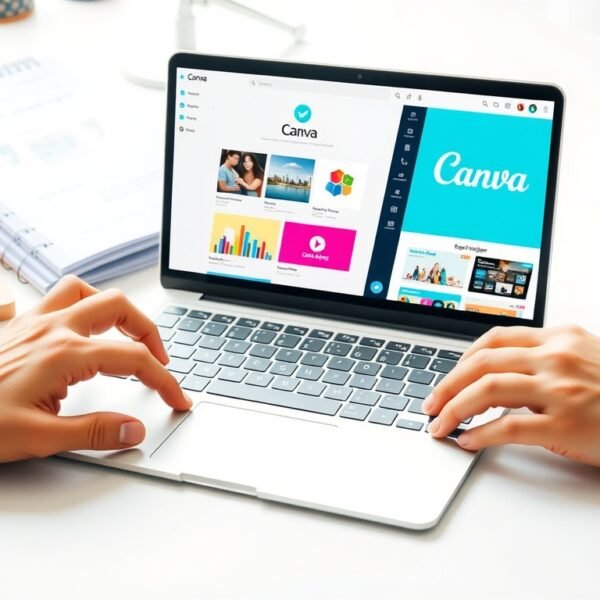 캔바 사용법 초보자 완전 정복 - flat lay of laptop showing Canva design interface with colorful templates on white desk, Canva beginner guide concept