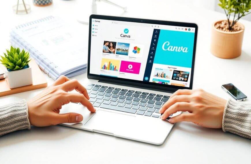 캔바 사용법 초보자 완전 정복 - flat lay of laptop showing Canva design interface with colorful templates on white desk, Canva beginner guide concept