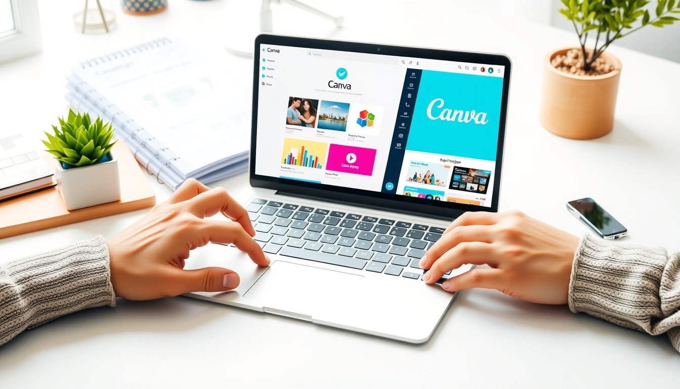 캔바 사용법 초보자 완전 정복 - flat lay of laptop showing Canva design interface with colorful templates on white desk, Canva beginner guide concept