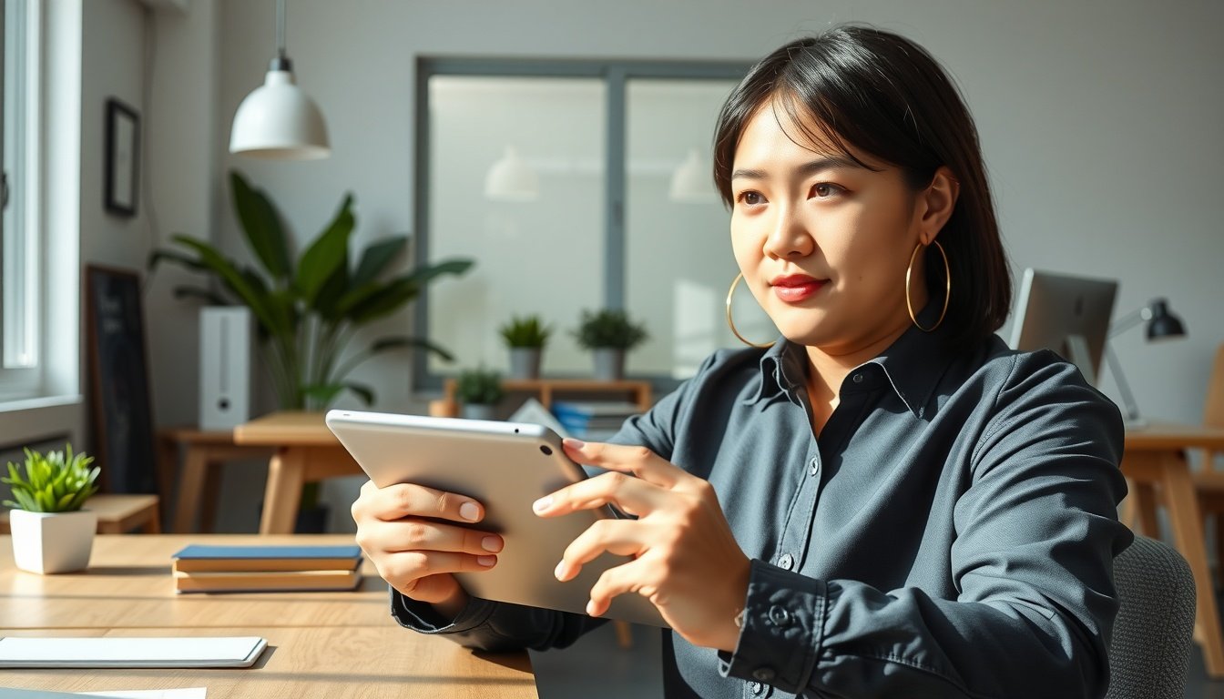 미리캔버스 ai - Korean small business owner upper body shot with face visible, using Miricanvas AI on tablet to create product promotion design, natural hands