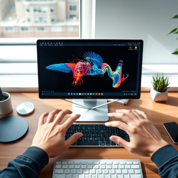 어도비 파이어플라이 사용법 - flat lay of Adobe Firefly AI image generation interface on desktop screen, creative workspace concept with digital tools