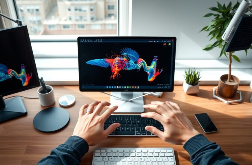 어도비 파이어플라이 사용법 - flat lay of Adobe Firefly AI image generation interface on desktop screen, creative workspace concept with digital tools