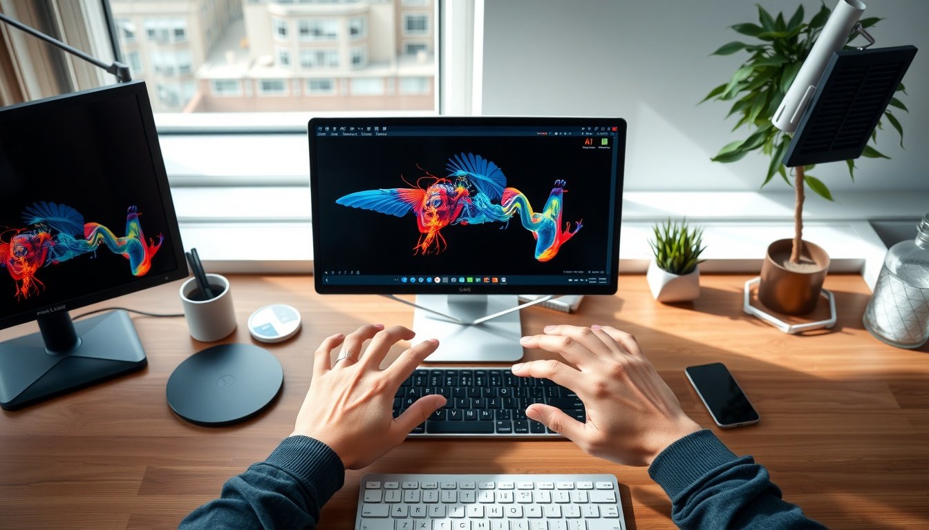 어도비 파이어플라이 사용법 - flat lay of Adobe Firefly AI image generation interface on desktop screen, creative workspace concept with digital tools