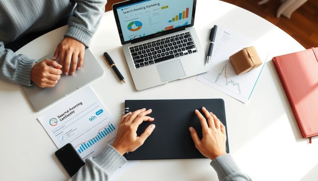 검색광고마케터 - flat lay of laptop, notebook, and digital marketing study materials on white desk, search advertising marketer certification concept