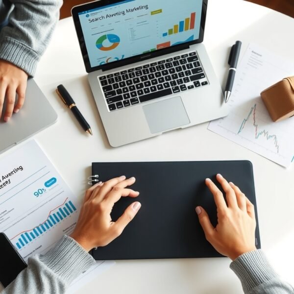 검색광고마케터 - flat lay of laptop, notebook, and digital marketing study materials on white desk, search advertising marketer certification concept