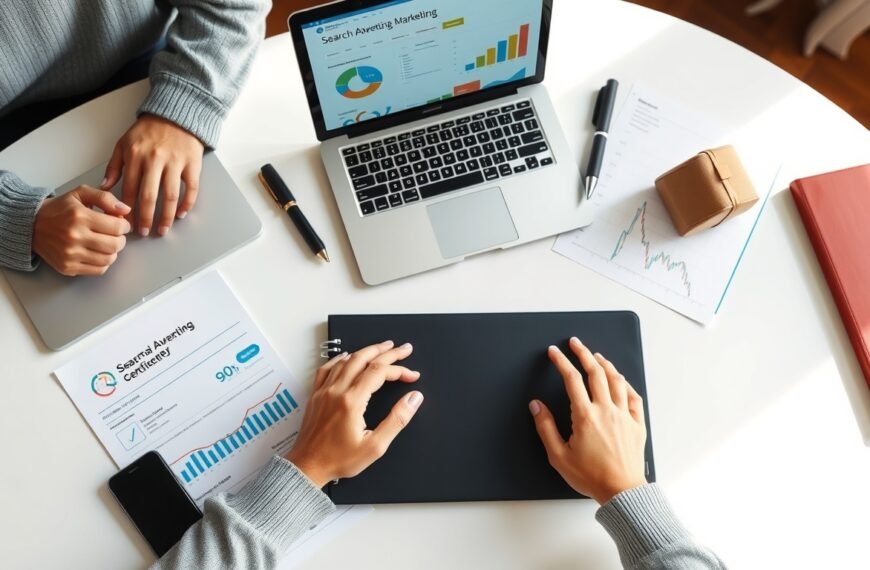 검색광고마케터 - flat lay of laptop, notebook, and digital marketing study materials on white desk, search advertising marketer certification concept