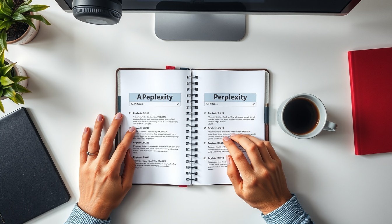 퍼플렉시티 - flat lay of open notebook with Perplexity AI search results printed on paper, coffee cup beside it, productivity and AI research concept, overhead view