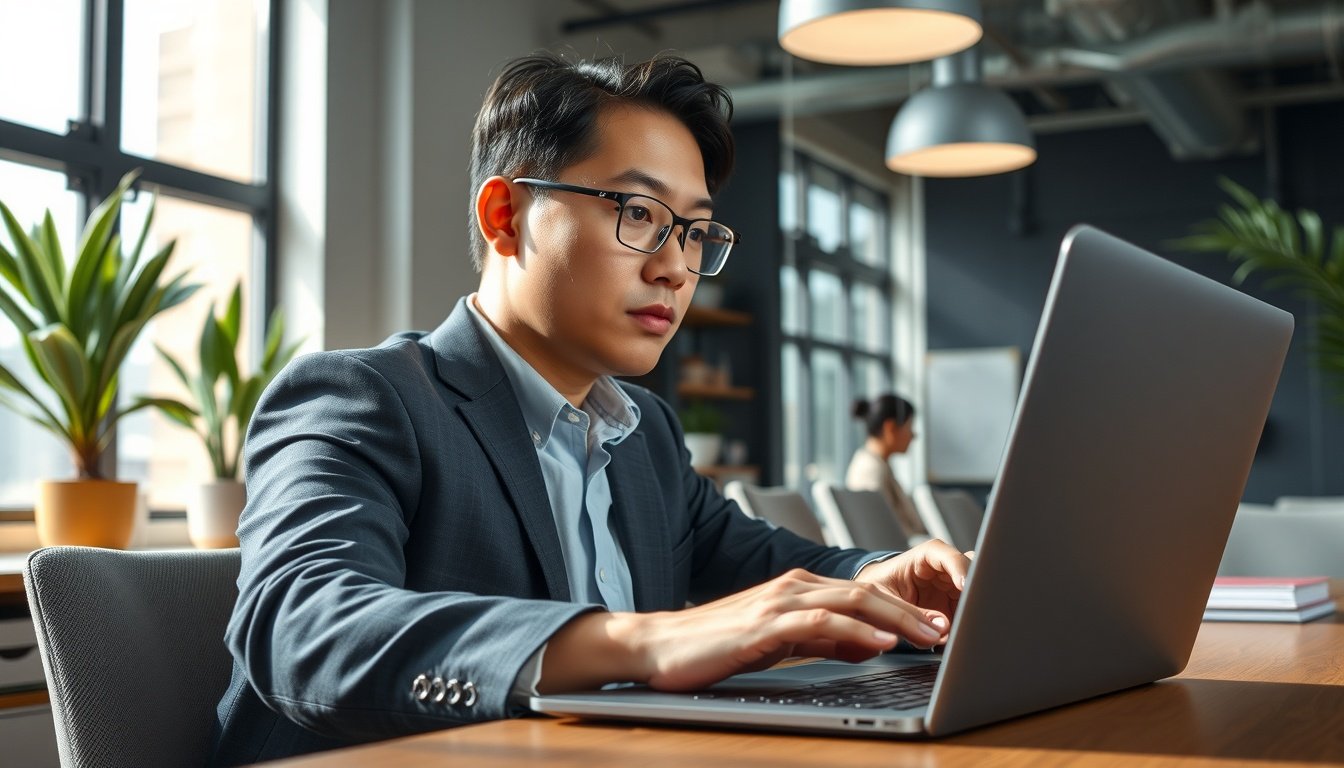 퍼플렉시티 - Korean professional upper body shot with face visible, using Perplexity AI on laptop in modern office, natural hands, focused expression