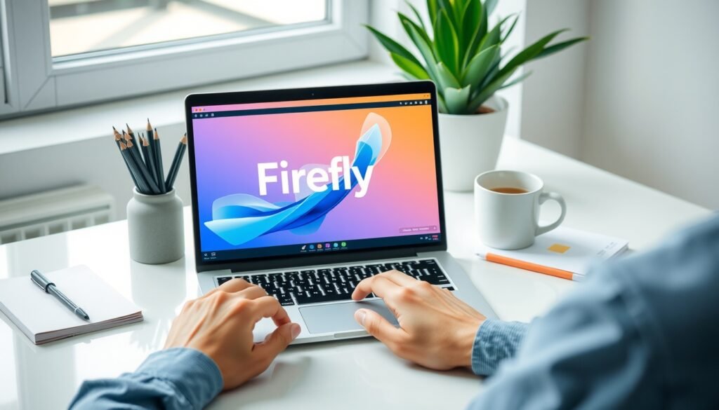 어도비 파이어플라이 무료 - flat lay of laptop showing Adobe Firefly AI image generation interface on screen, modern desk with notebook and coffee cup, Adobe Firefly free plan concept