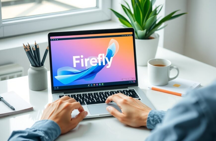 어도비 파이어플라이 무료 - flat lay of laptop showing Adobe Firefly AI image generation interface on screen, modern desk with notebook and coffee cup, Adobe Firefly free plan concept