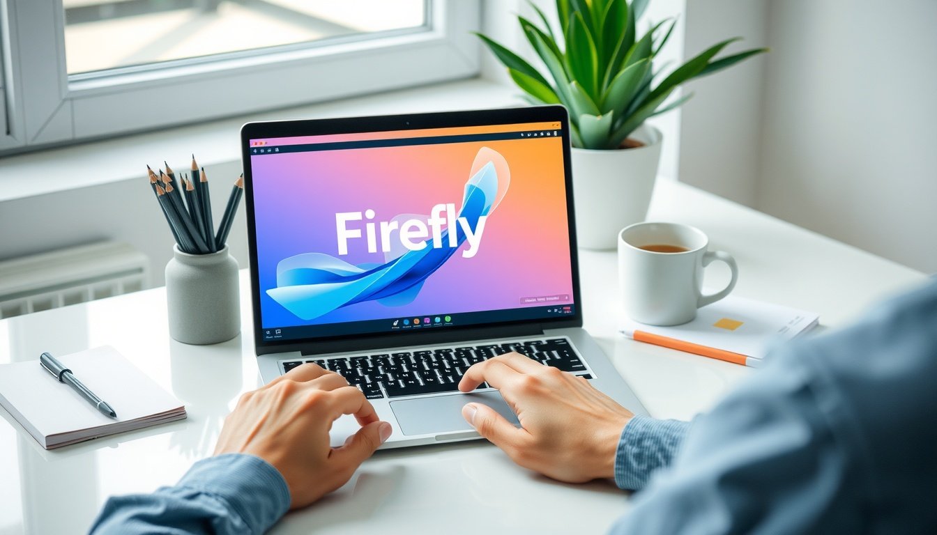 어도비 파이어플라이 무료 - flat lay of laptop showing Adobe Firefly AI image generation interface on screen, modern desk with notebook and coffee cup, Adobe Firefly free plan concept