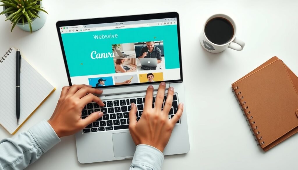 캔바 사용법 - flat lay of laptop showing Canva design interface on screen with notebook and coffee cup on white desk, Canva usage tutorial concept