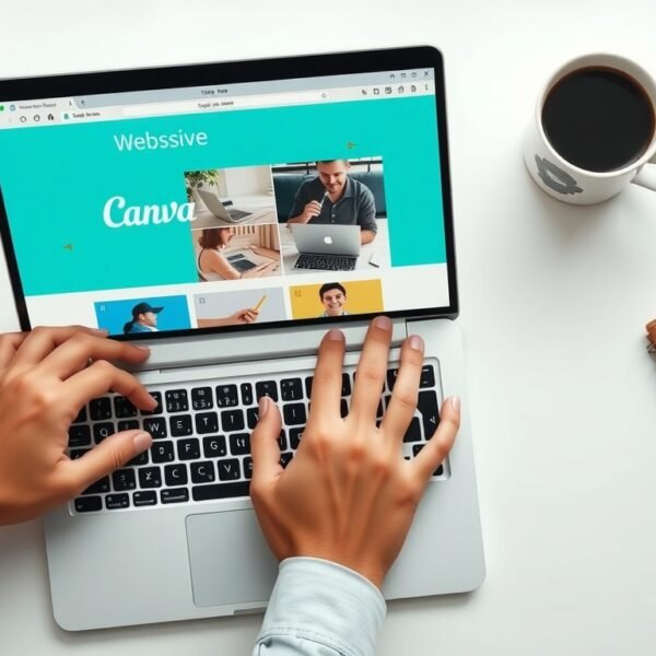 캔바 사용법 - flat lay of laptop showing Canva design interface on screen with notebook and coffee cup on white desk, Canva usage tutorial concept