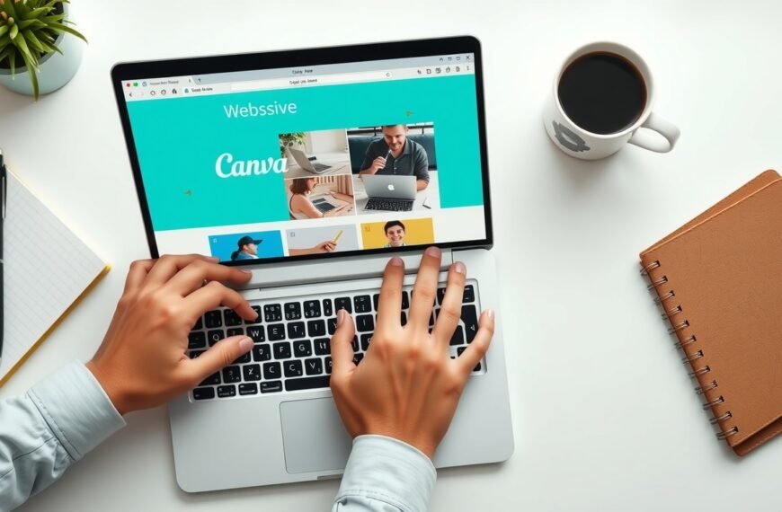 캔바 사용법 - flat lay of laptop showing Canva design interface on screen with notebook and coffee cup on white desk, Canva usage tutorial concept