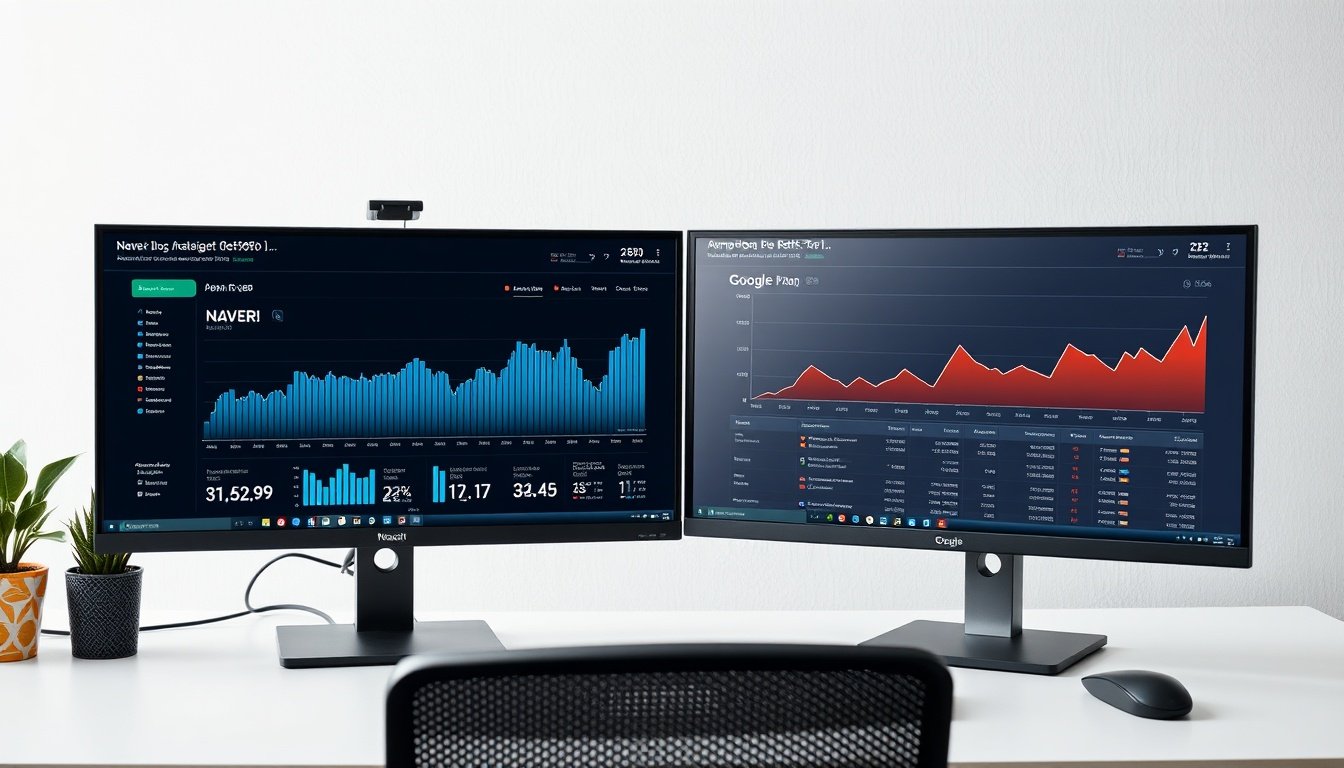 Comparison chart showing Naver blog and Google search traffic analytics on dual monitors