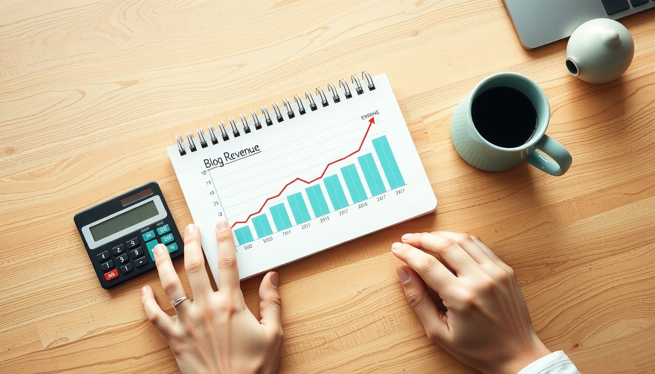 네이버 디스플레이 광고 - flat lay of notebook with blog revenue growth chart, calculator, and coffee cup on wooden desk, naver display advertising income concept