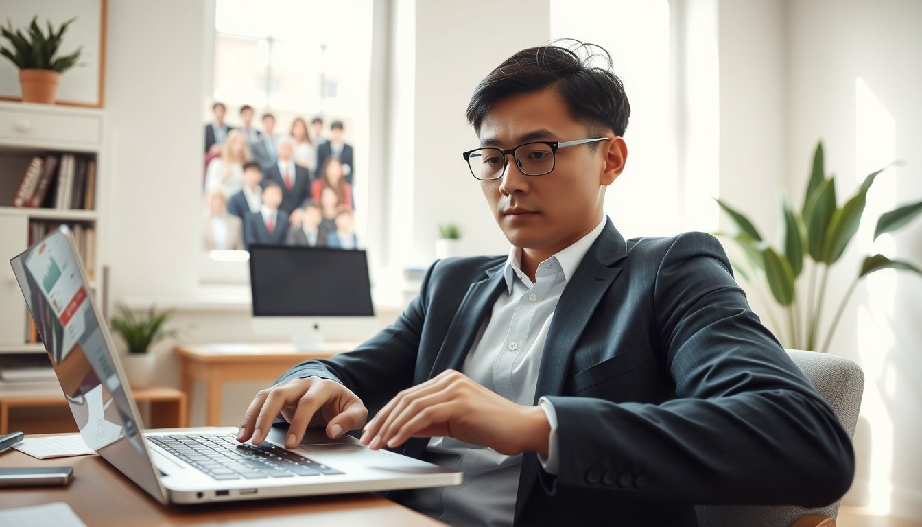 가치투자연구소 - upper body shot of Korean male investor with face visible, analyzing stock charts on laptop screen in home office, natural hands