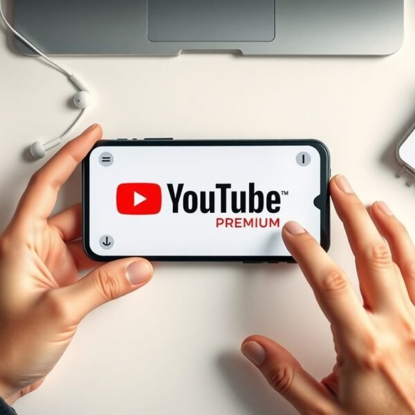 유튜브프리미엄싸게 - flat lay of smartphone displaying YouTube Premium logo on white desk with earphones and notebook, cost-saving concept