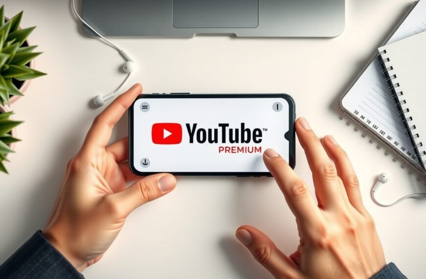 유튜브프리미엄싸게 - flat lay of smartphone displaying YouTube Premium logo on white desk with earphones and notebook, cost-saving concept