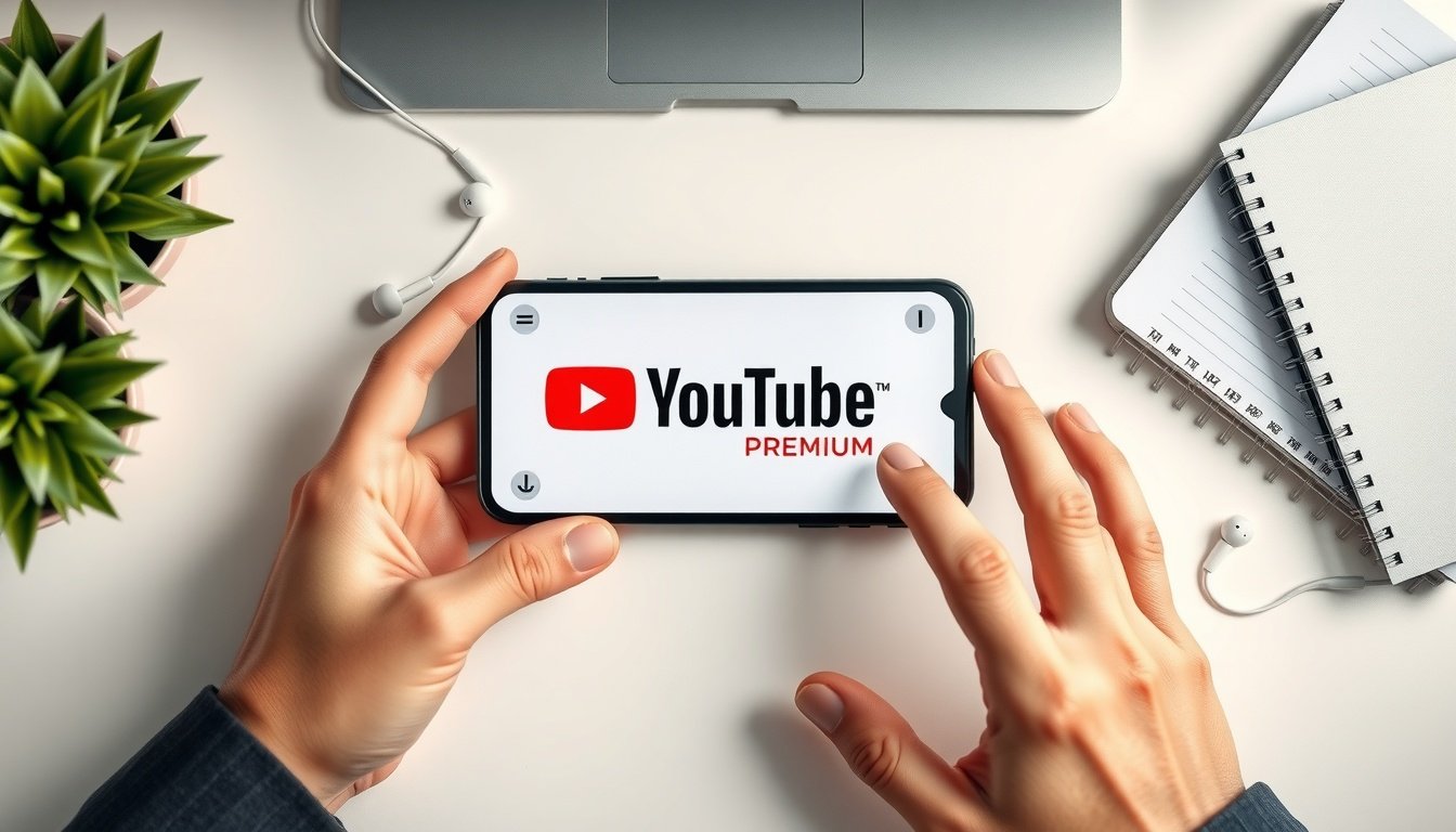 유튜브프리미엄싸게 - flat lay of smartphone displaying YouTube Premium logo on white desk with earphones and notebook, cost-saving concept