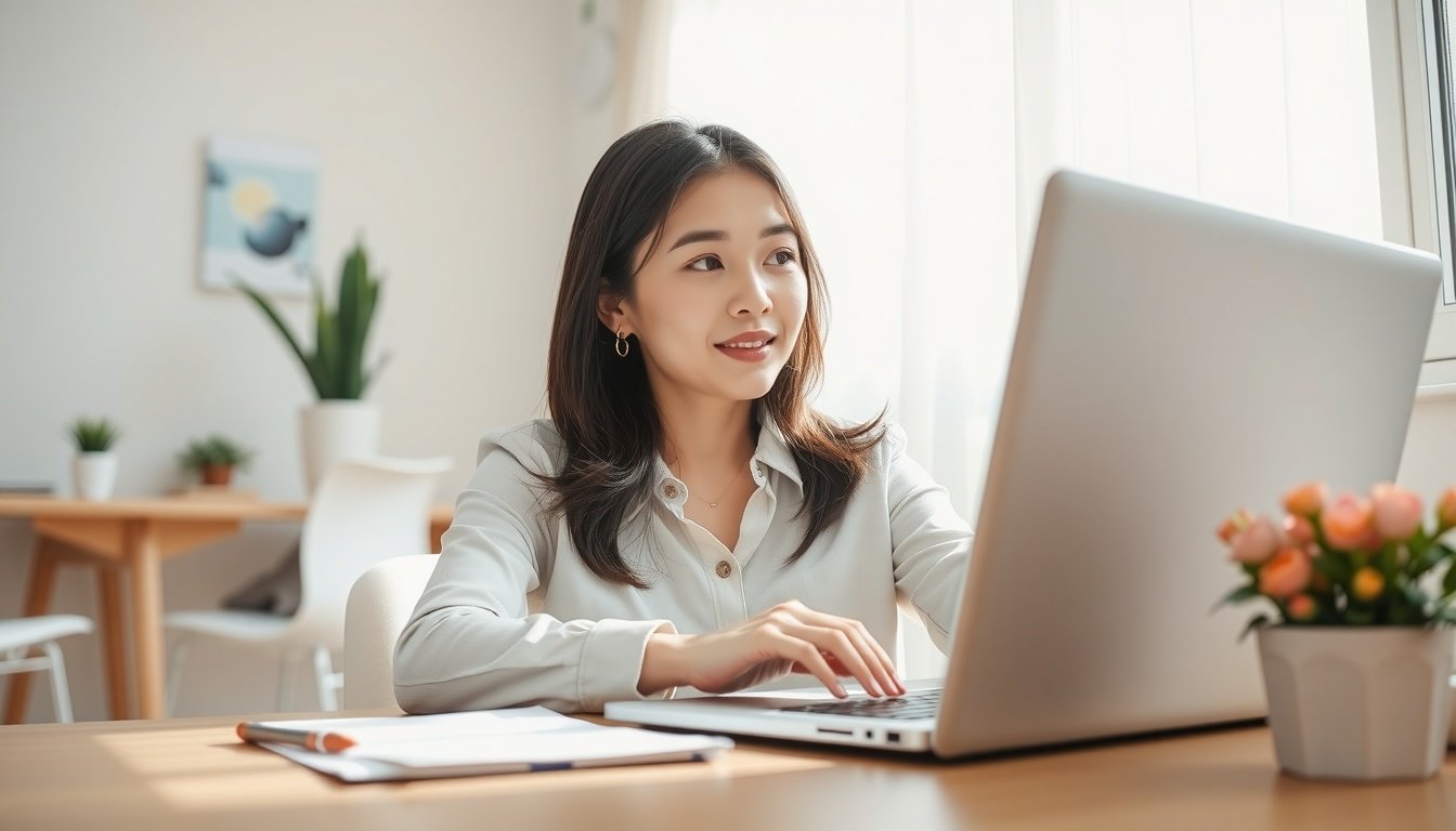 무료챗GPT로 부업 수익 내는 방법 - Korean woman upper body shot with face visible, working on laptop with ChatGPT interface open, natural hands, bright home office setting, free ChatGPT side income