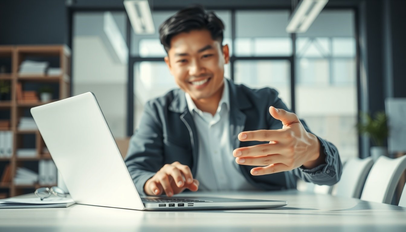 한국건설기술교육원 - Korean construction worker upper body shot with face visible, using laptop for online education registration, natural hands, bright office background