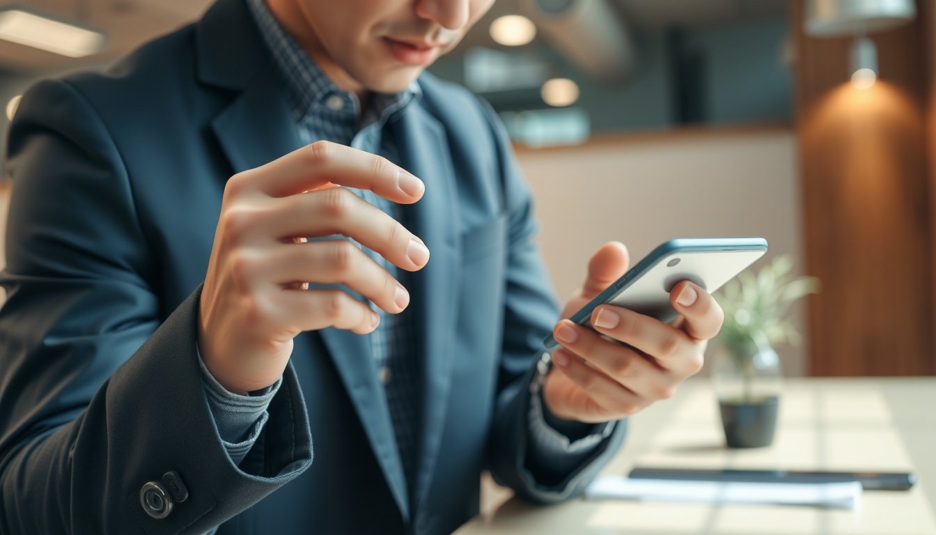 토스와이드카드 - Korean man upper body shot with face visible, using smartphone to check Toss Wide Card cashback benefits, natural hands, bright indoor background