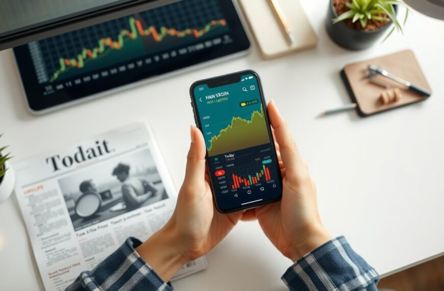 오늘 증권시세 - flat lay of smartphone showing Korean stock market chart and financial newspaper on white desk, today stock price concept