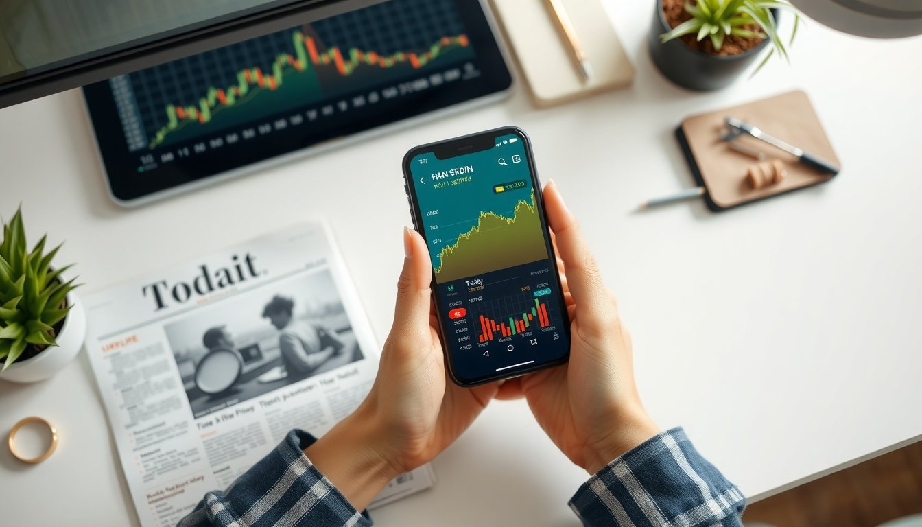 오늘 증권시세 - flat lay of smartphone showing Korean stock market chart and financial newspaper on white desk, today stock price concept