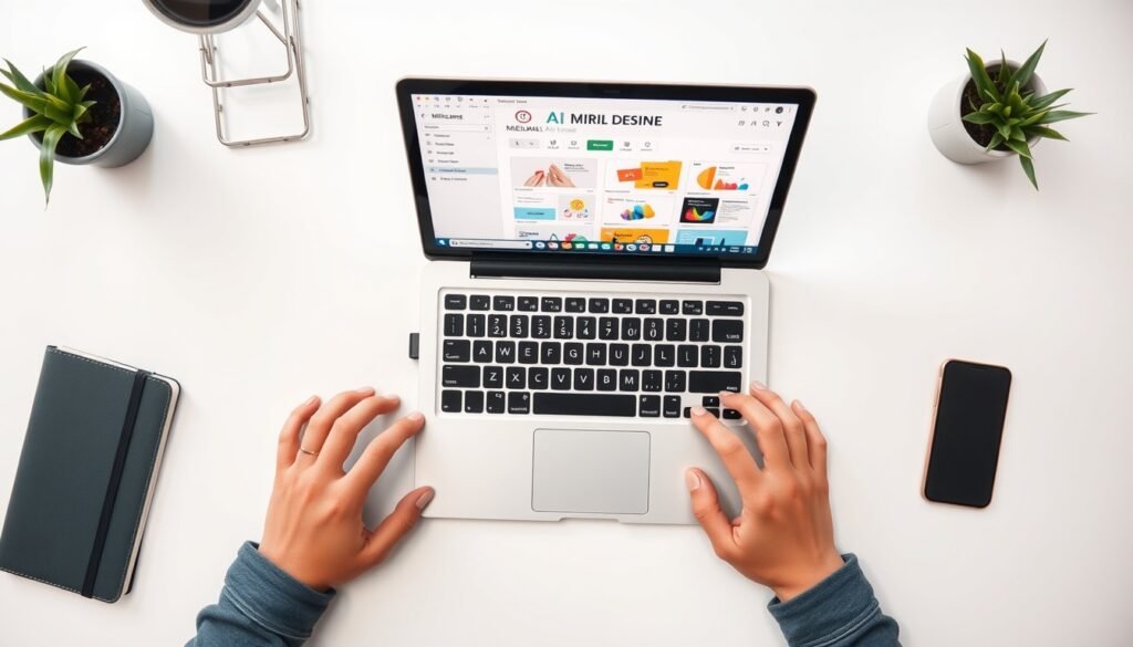 미리캔버스 ai - flat lay of laptop showing Miricanvas AI design interface with colorful templates on white desk, overhead view