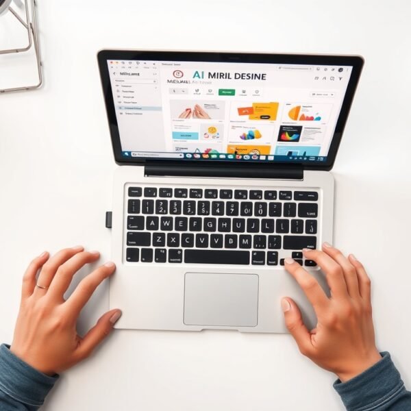 미리캔버스 ai - flat lay of laptop showing Miricanvas AI design interface with colorful templates on white desk, overhead view