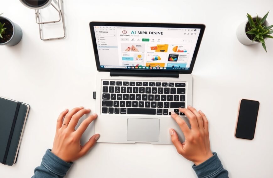 미리캔버스 ai - flat lay of laptop showing Miricanvas AI design interface with colorful templates on white desk, overhead view