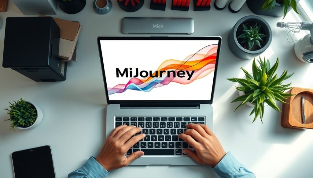 미드저니 - flat lay of a laptop screen displaying AI-generated Midjourney artwork with colorful abstract design, modern desk setup, overhead view