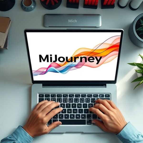 미드저니 - flat lay of a laptop screen displaying AI-generated Midjourney artwork with colorful abstract design, modern desk setup, overhead view
