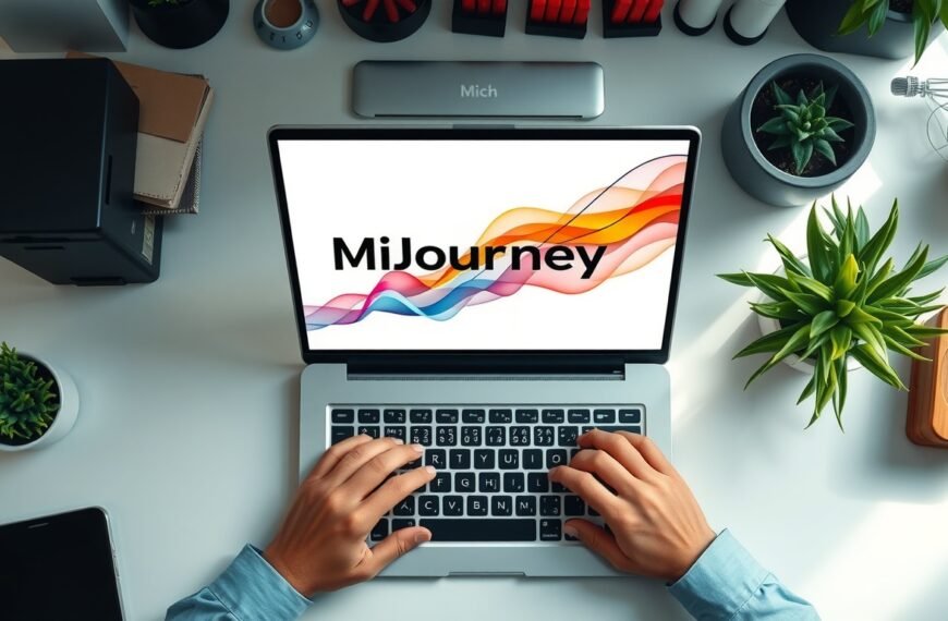 미드저니 - flat lay of a laptop screen displaying AI-generated Midjourney artwork with colorful abstract design, modern desk setup, overhead view