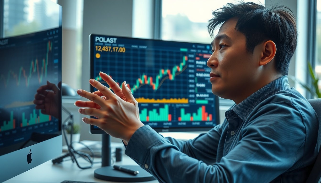 아리바이오주가 - upper body shot of Korean male investor with face visible, analyzing stock charts on computer screen in modern office, natural hands