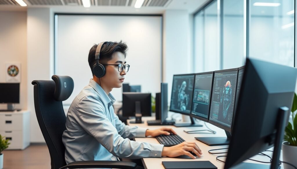 Young Korean developer working on AI game development with multiple monitors in a modern office