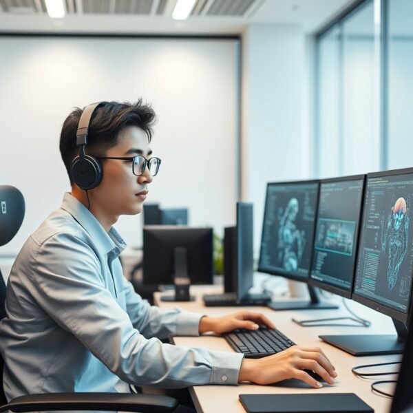 Young Korean developer working on AI game development with multiple monitors in a modern office
