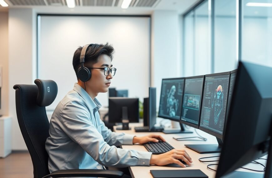 Young Korean developer working on AI game development with multiple monitors in a modern office