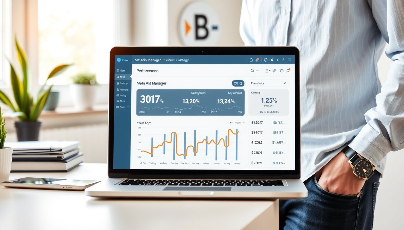 메타광고관리자 - Meta Ads Manager performance dashboard showing CTR, CPC, ROAS metrics on laptop screen, flat lay product shot